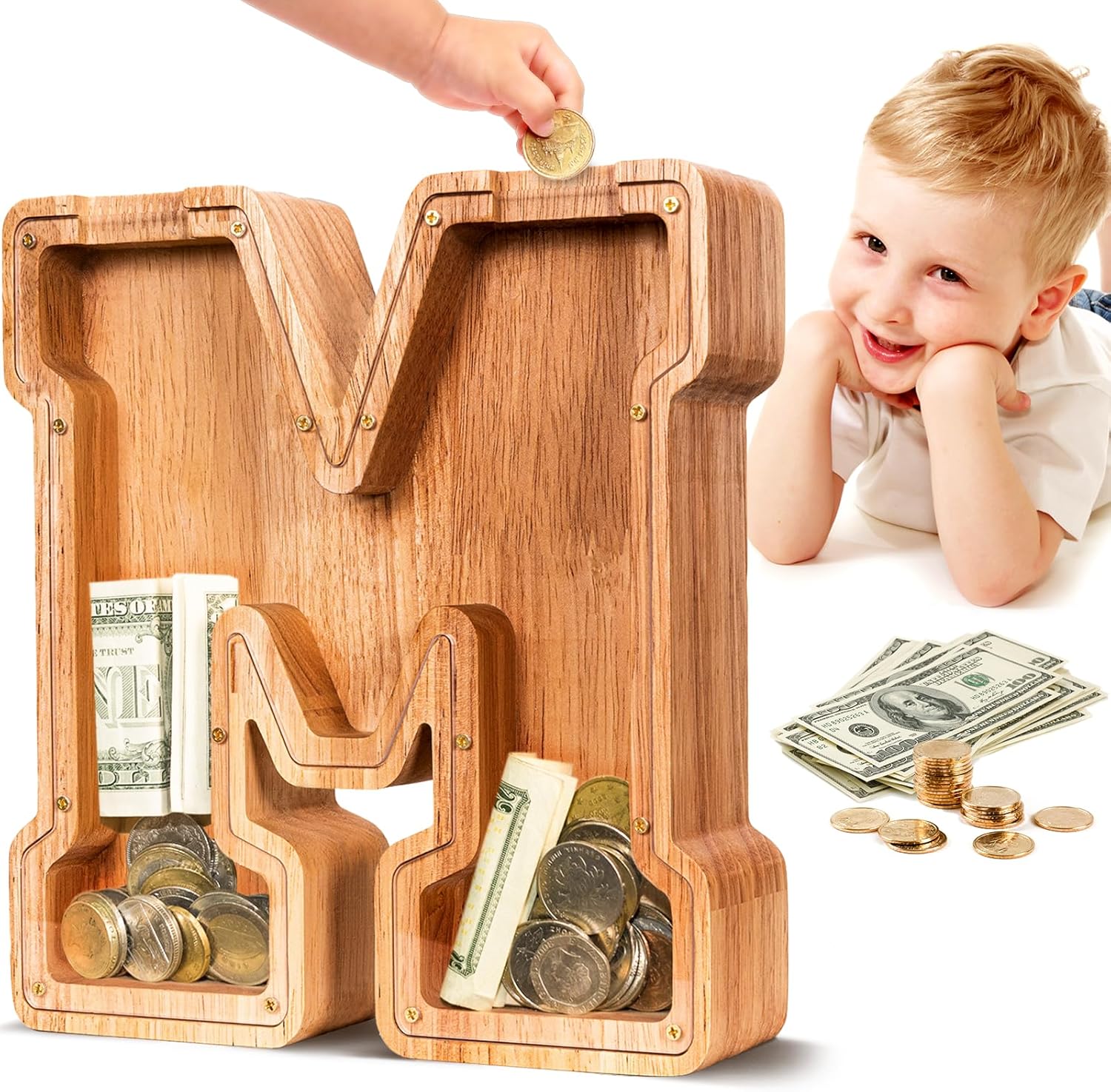 SummiDate Wooden Letter Money Box for Kids, Personalised Piggy Bank for Boys Gir...
