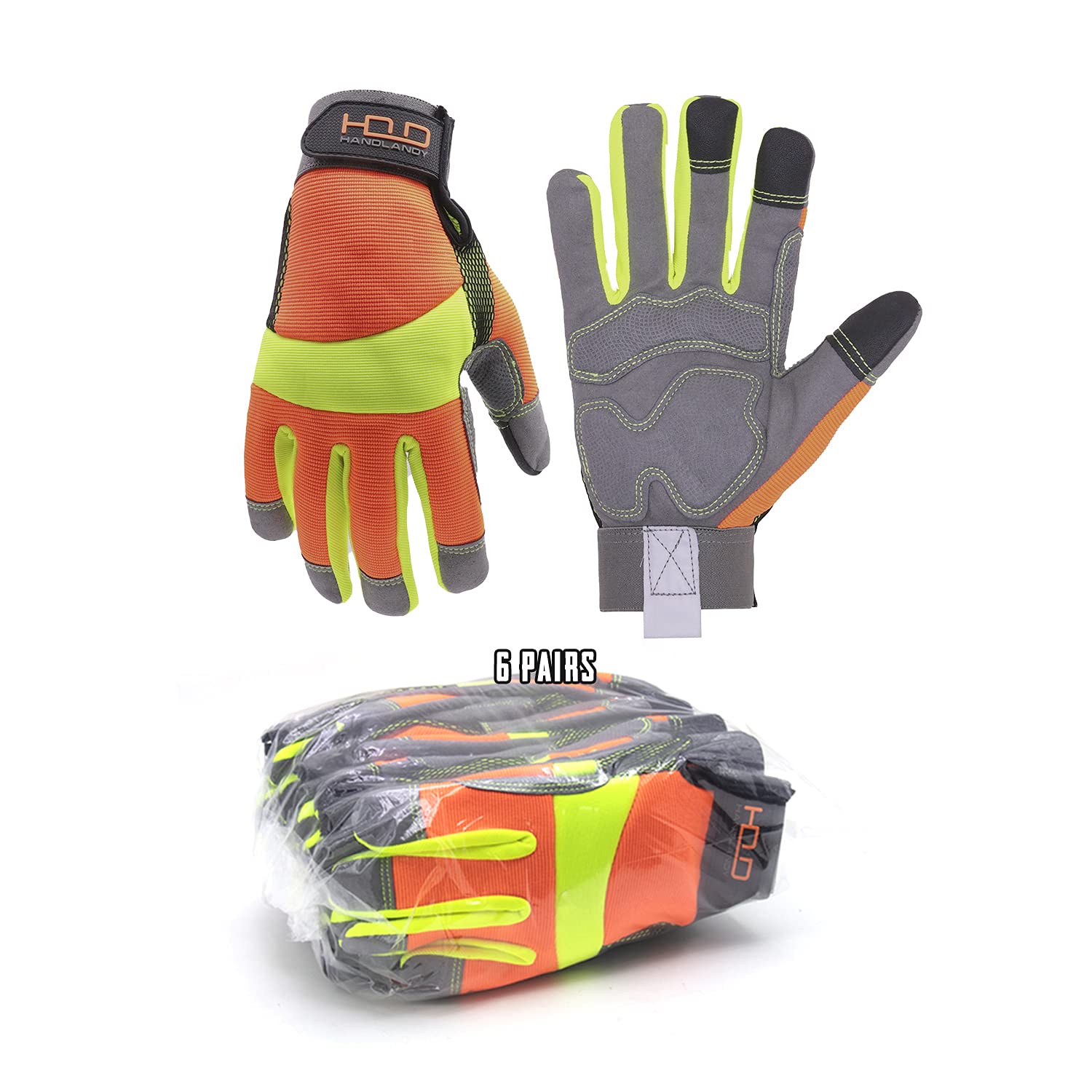 HANDLANDY Bulk 6 Pairs Anti Vibration Gloves Hi-vis Reflective Safety Work Glove...