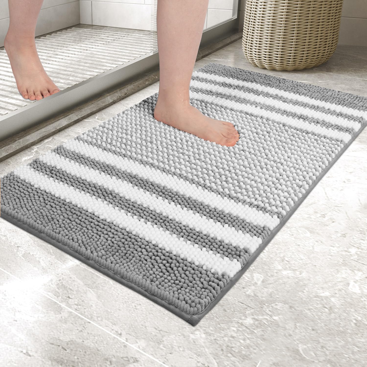 Biscpro Bath Mat Rug Extra Soft and Absorbent Fluffy Striped Chenille,Non Slip S...