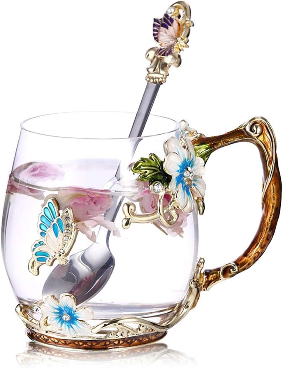 Luka Tech Handmade Enamel Coffee Mugs, Special Butterfly Flower Glass Tea Cup wi...