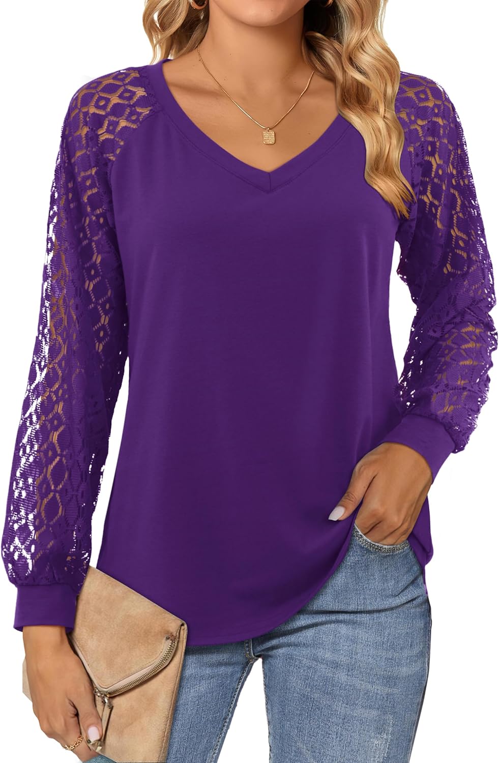 Beluring Womens Lace Long Sleeve Tops, Special V Neck T Shirts, Unique Loose Cas...