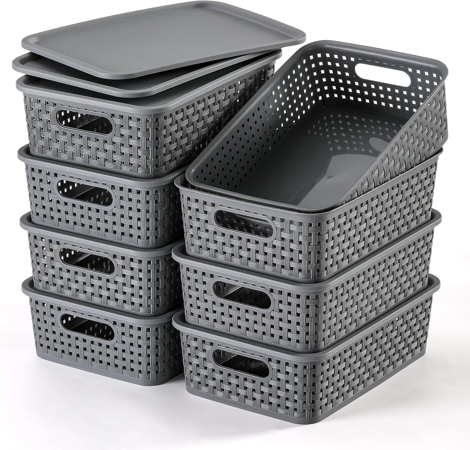 [ 8 Pack ] Plastic Storage Baskets With Lids, Small Pantry Organization, Stackab...