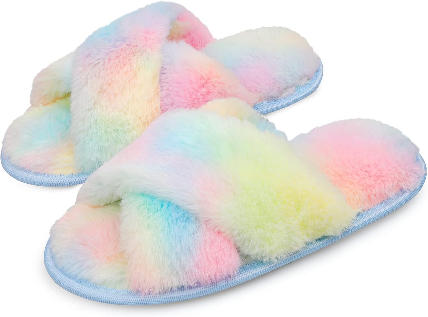 LARGERED Black Fluffy Slippers Women,Ladies Crossover Slippers with Faux Fur Lin...