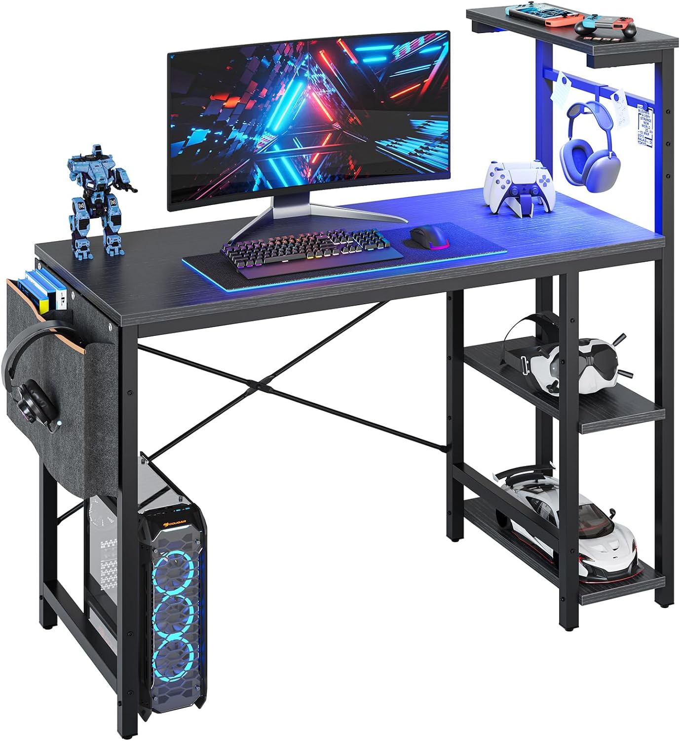 Bestier Computer Desk with Shelves Small Corner Desk with LED Lighting 113CM Rev...