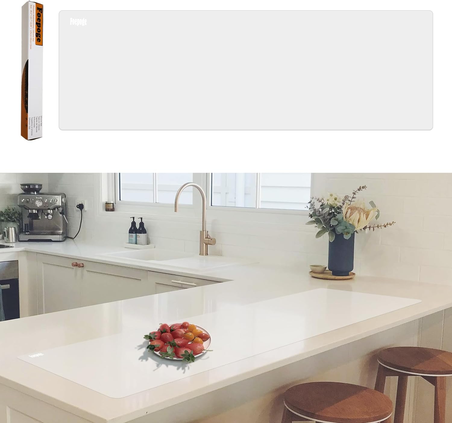 Foepoge 125 × 40cm Extra Long Silicone Mat for Kitchen Worktop Protector, Non St...