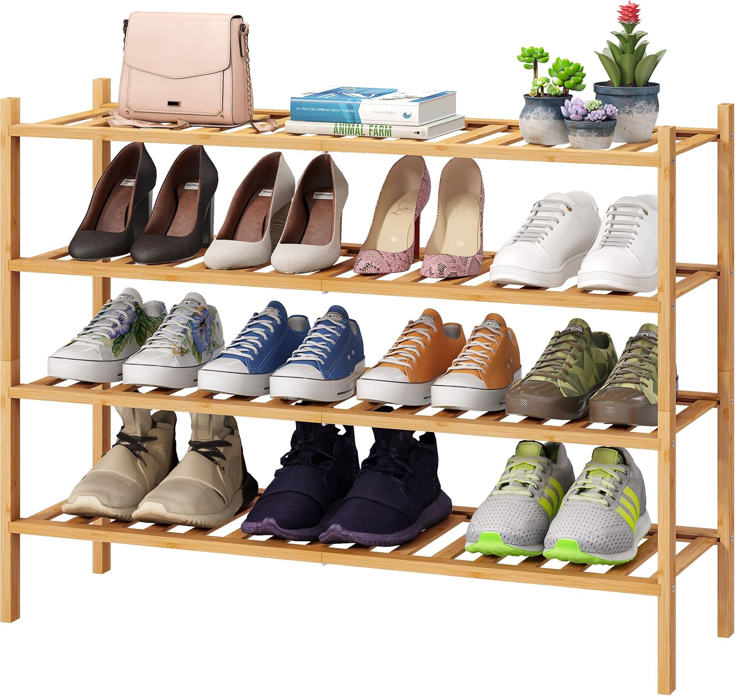 Shoe Rack, 4-Tier Long Shoe Rack for Entryway, Bamboo Wood Shoe Rack for Closet...