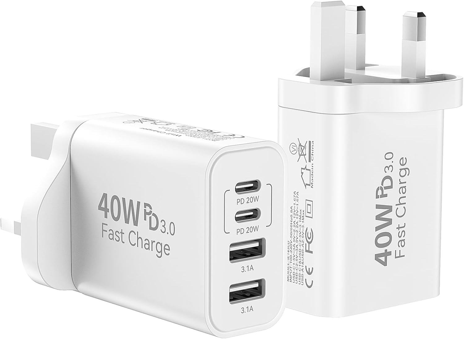 USB C Charger Plug Fast Charge 40W 4-Port USB Plug UK PD Power Adapter+QC Multi...