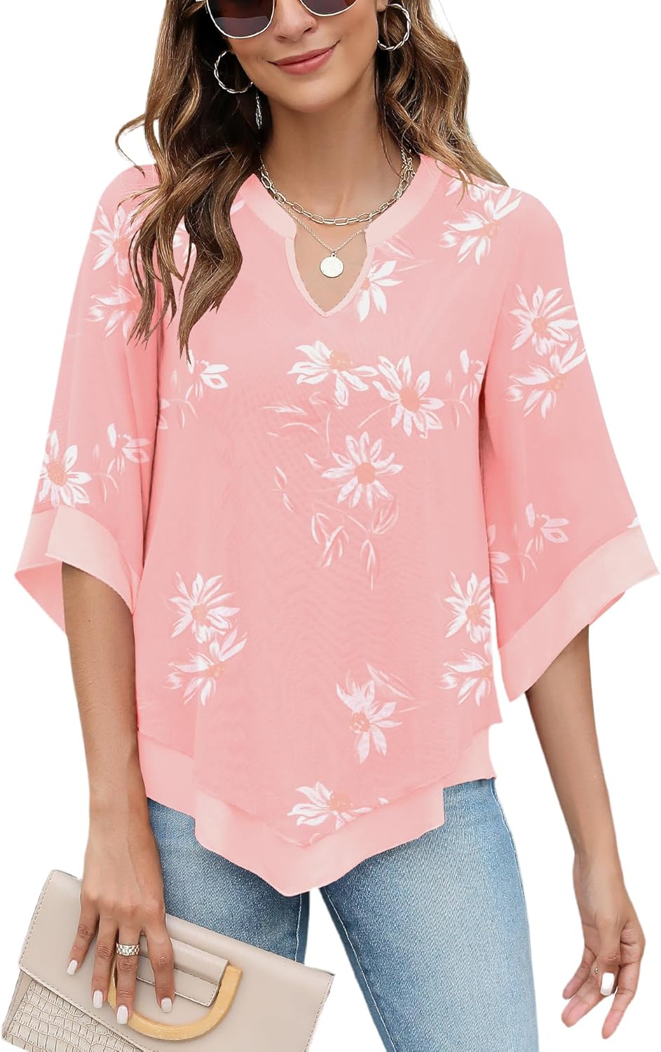 Micoson Womens 3/4 Sleeve Chiffon Blouses V Neck Double Layers Mesh Shirts Dress...