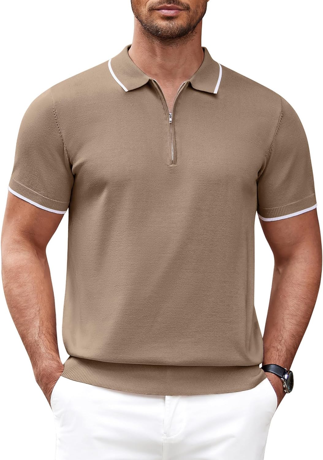 COOFANDY Men's Zipper Polo Shirt, Special Casual Knit Short Sleeve Polo T Shirt,...