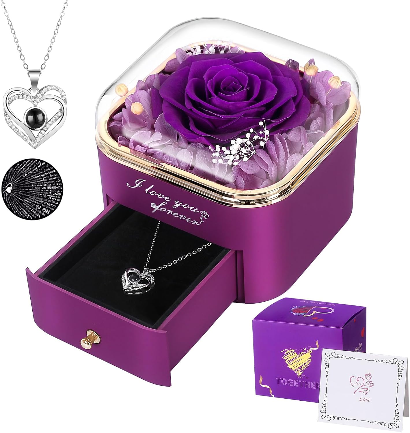 Preserved Purple Real Rose with I Love You Necklace in 100 Languages-Eternal Flo...