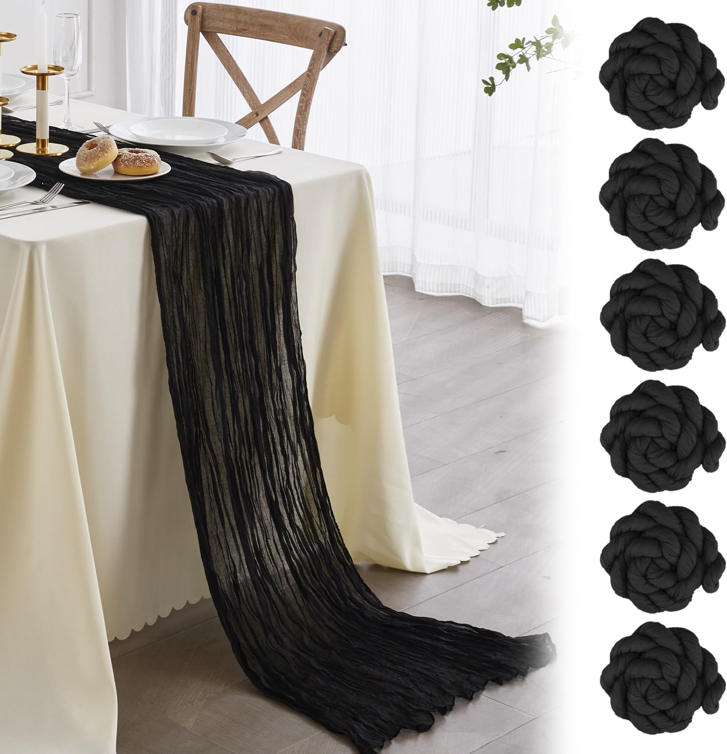 Nialnant 6 Pack Black Cheesecloth Table Runner 35 x 120 Inches Boho Black Runner...