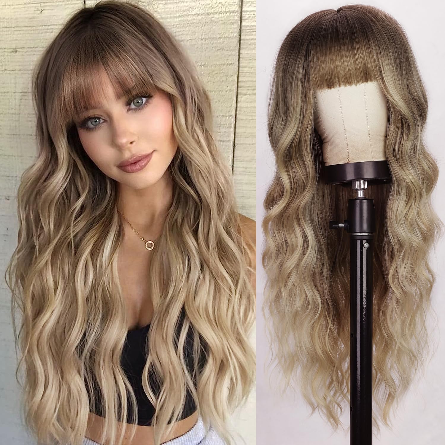 Lativ Blonde Wig With Bangs Long Wavy Curly Ombre Wig with Dark Root Synthetic H...