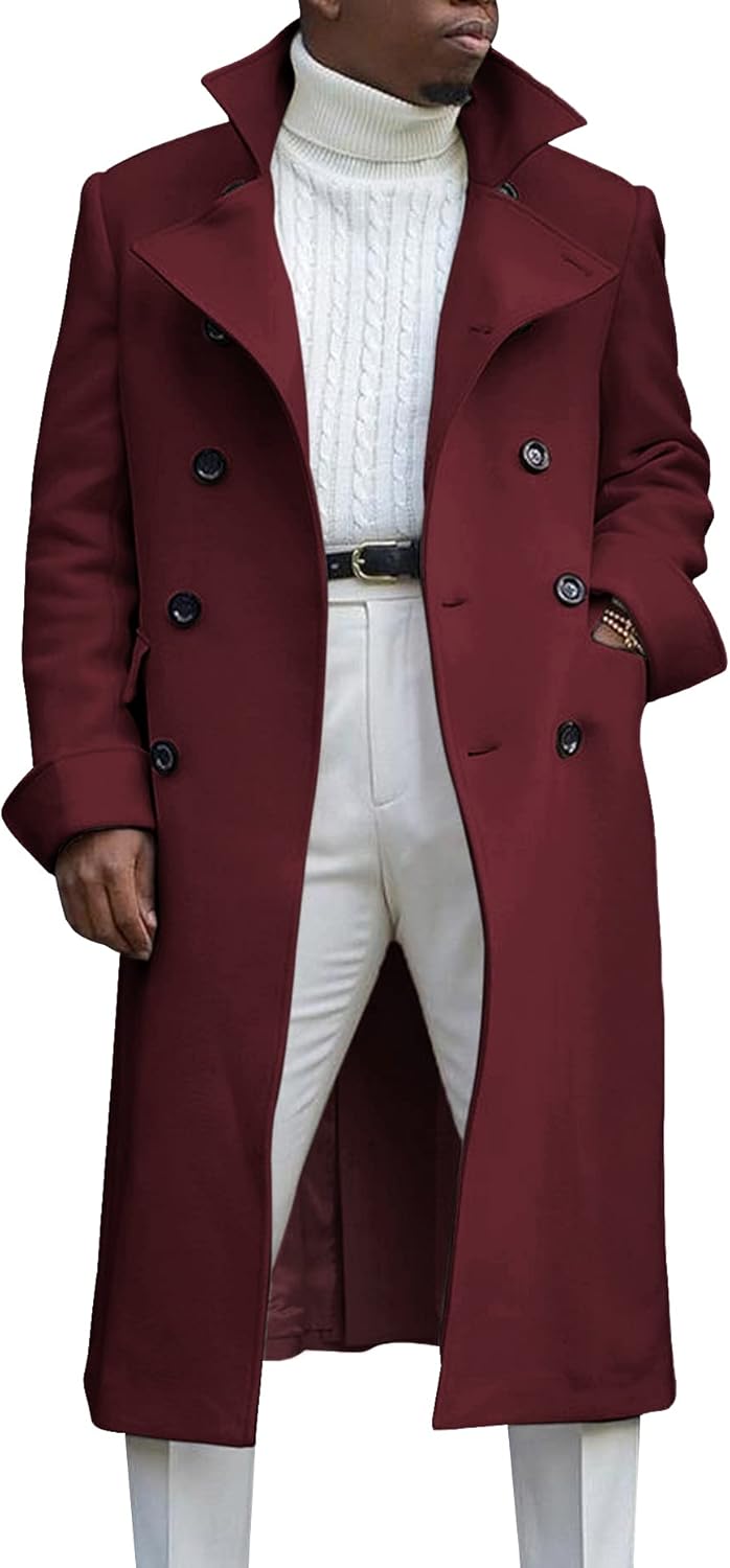 Ebifin Men's Notch Lapel Trench Coat, Special Double Breasted Long Peacoat, Inno...