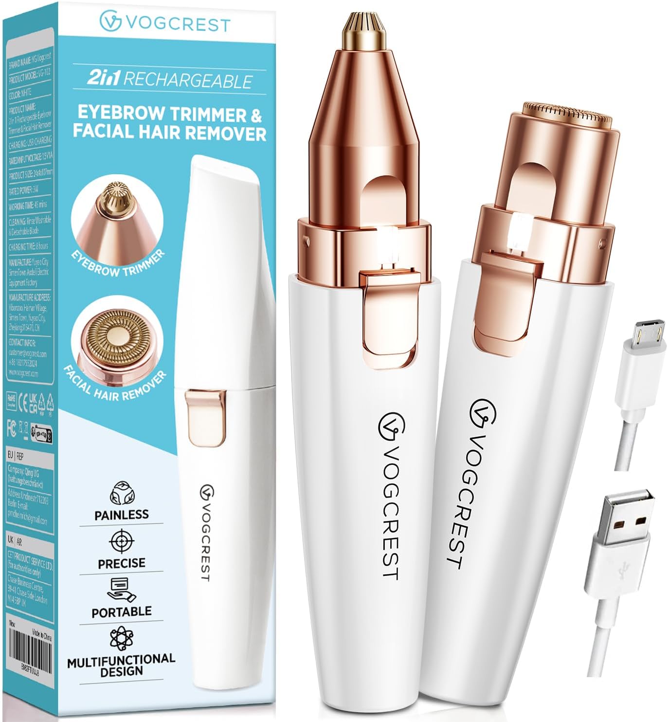 Eyebrow Facial Trimmer: 2 in1 Rechargeable Facial Hair Removal and Eyebrow Shave...