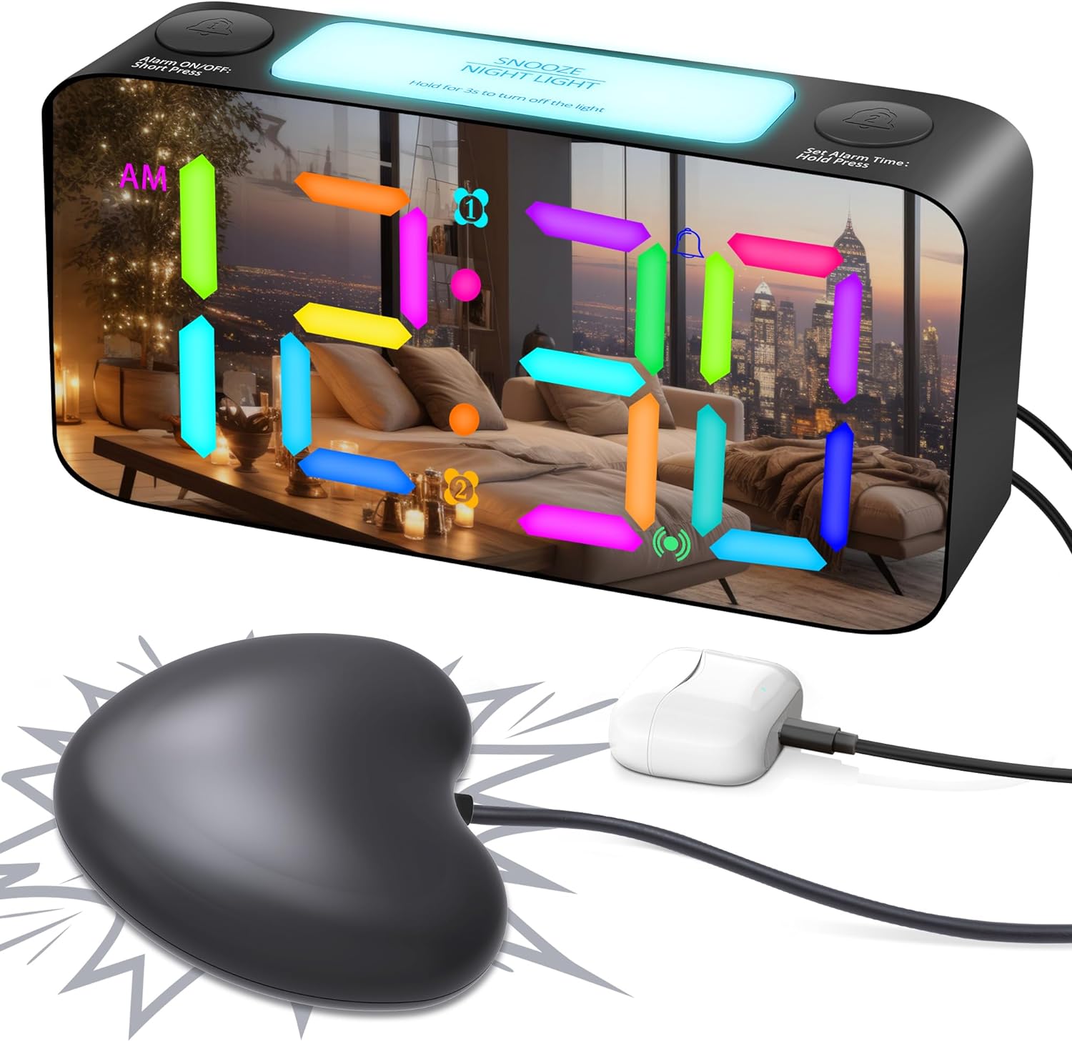 Vibrating Loud Rainbow Alarm Clock, Special Alarm Clock with Bed Shaker, Unique...