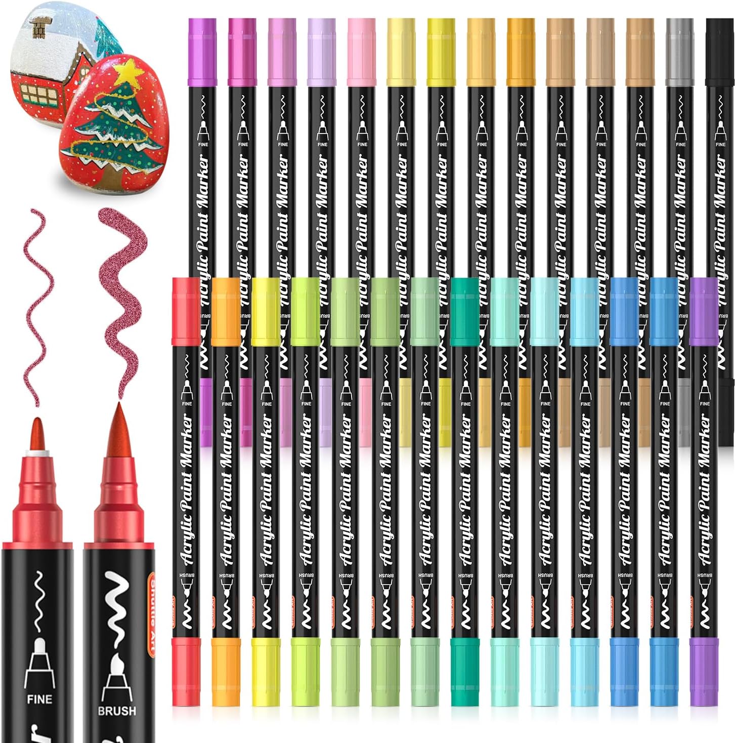 28 Metallic Colors Dual Tip Acrylic Paint Markers, Special Brush Tip and Fine Ti...