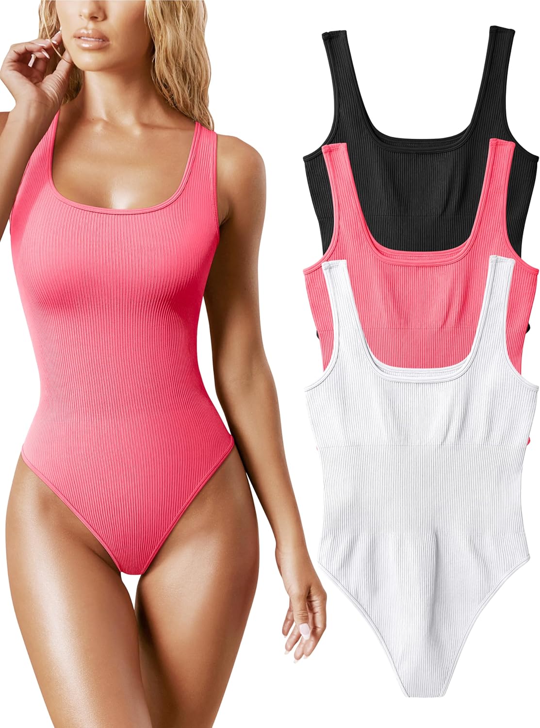 OQQ Women's Bodysuits, Special 3 Piece Sexy Ribbed Sleeveless Square Neck Bodysu...