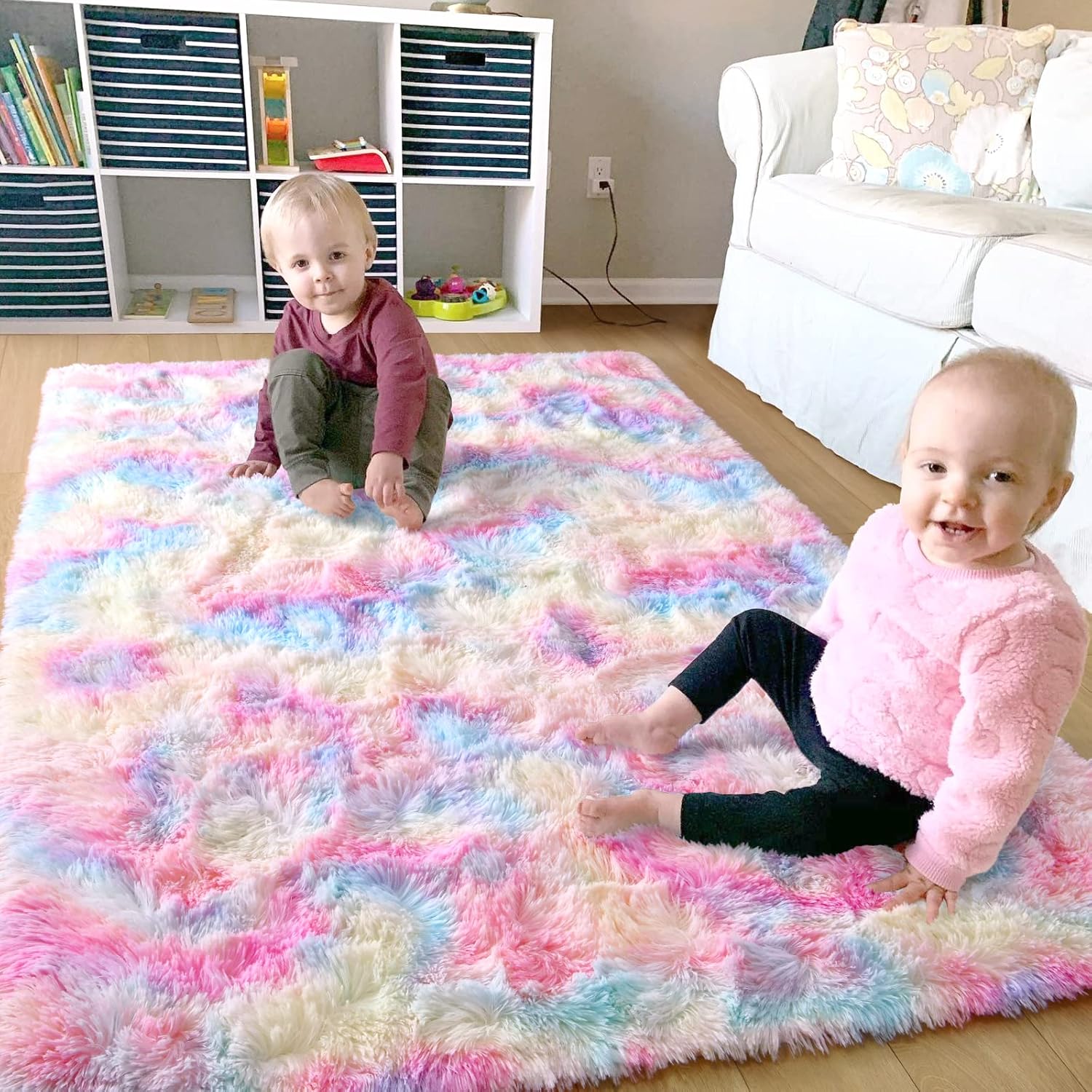 Ompaa Soft Fluffy Rainbow Kids Rug for Girls Bedroom Carpets, 4x6 Feet, Pastel U...