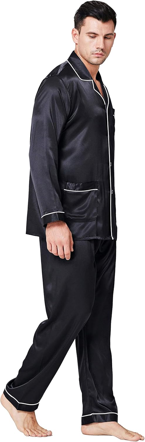 Lonxu Pajamas Set Mens Silk Satin Pajamas Long Sleeve Loungewear Two-Piece Sleep...
