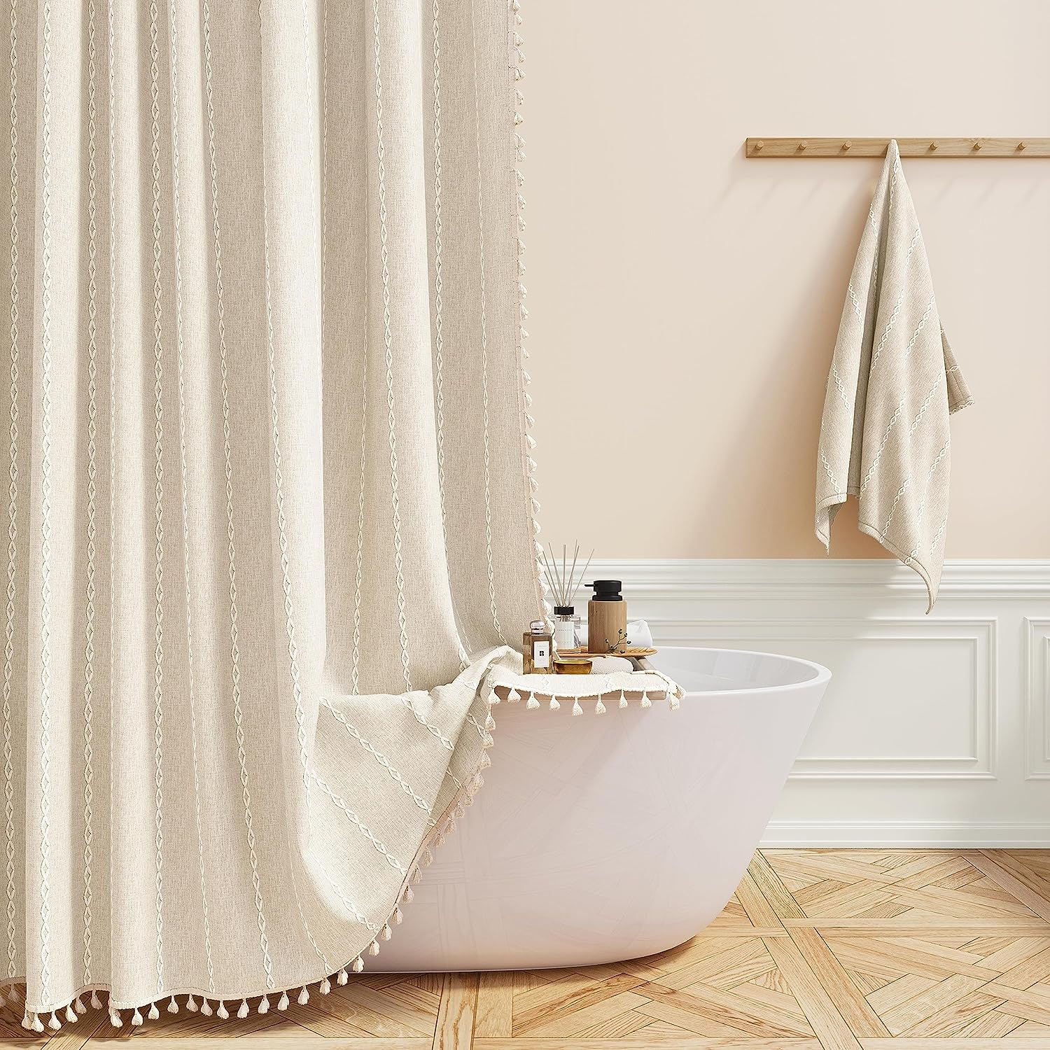 BTTN Extra Long Shower Curtain, 72x96 Long Striped Boho Chic Linen Fabric Heavy...