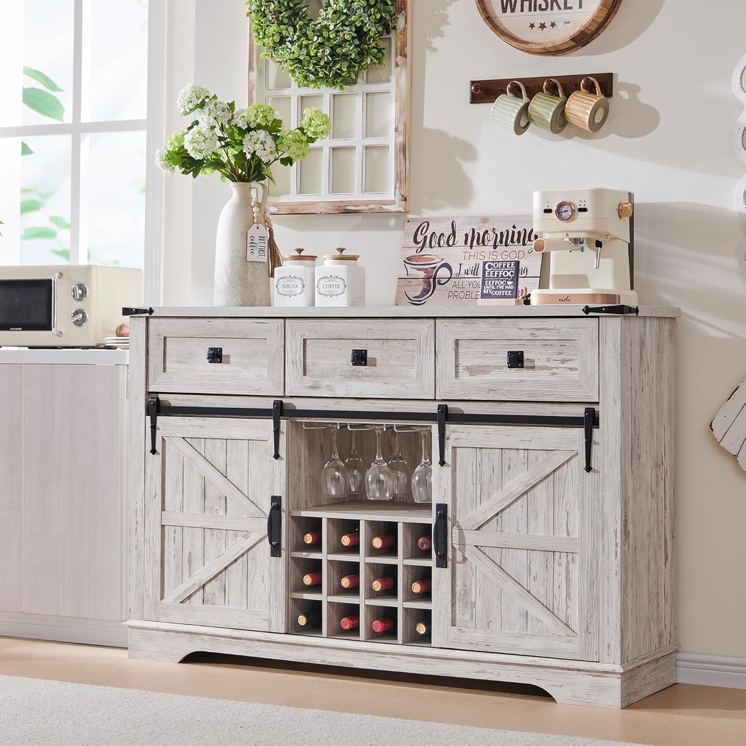 OKD Farmhouse Wine Bar Cabinet w/Sliding Barn Door, 54" Kitchen Coffee Bar Cabin...
