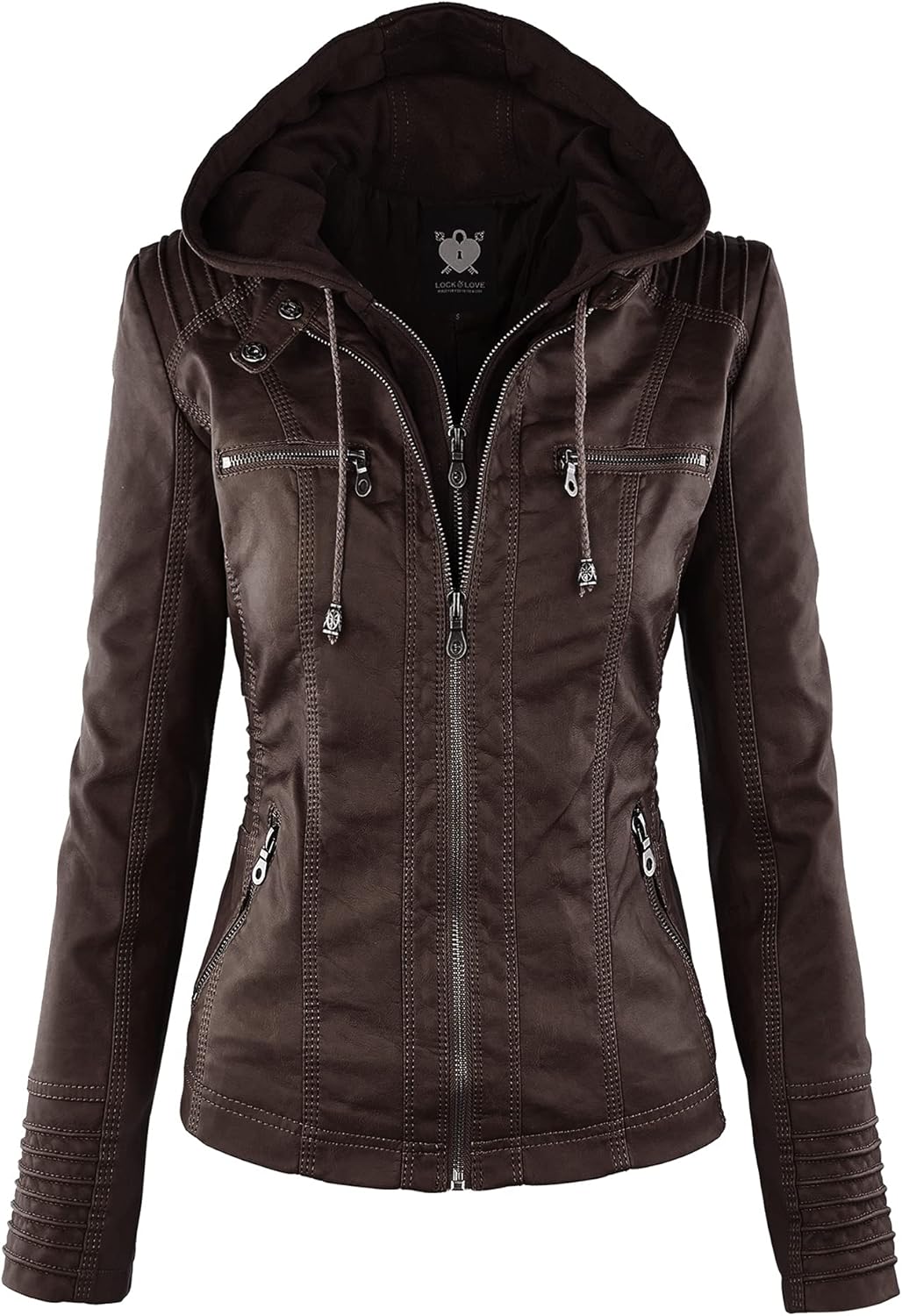 Lock and Love Women's Removable Hooded Faux Leather Jacket Moto Biker Coat Large...