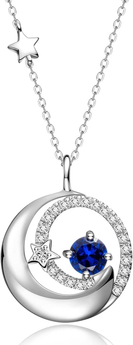 FANCIME Birthstone Necklaces 925 Sterling Silver Moon and Star Pendant Fine Jewe...