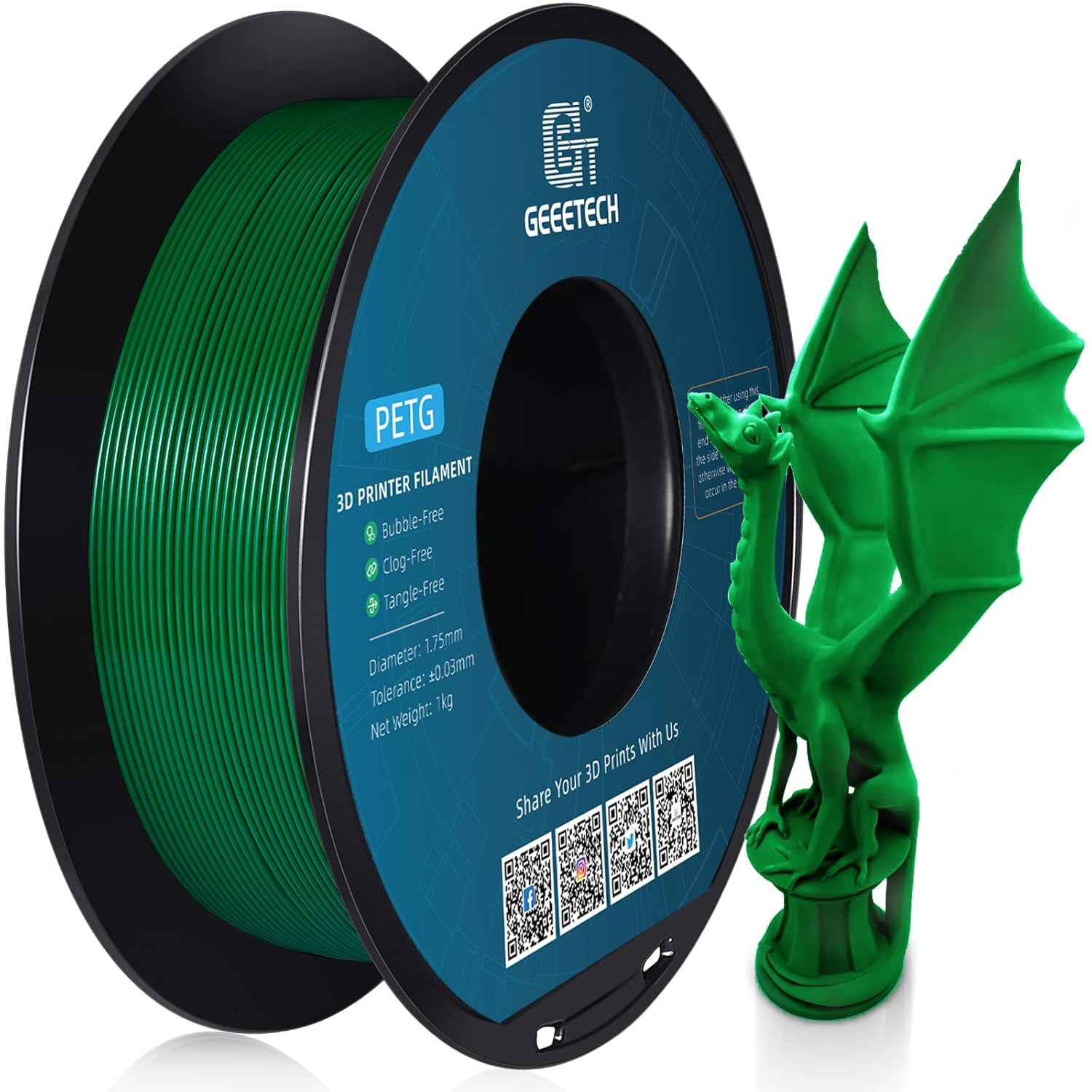 Geeetech PETG Filament, Special 1.75 mm Green PETG Filament for High-Quality 3D...