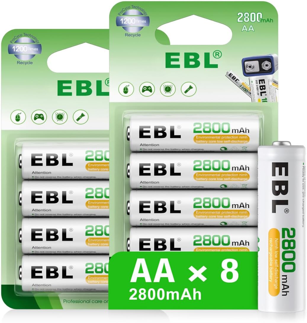 EBL AA Rechargeable Batteries (Retail Package), 1.2V 2800mAh AA Battery, 8 Count...