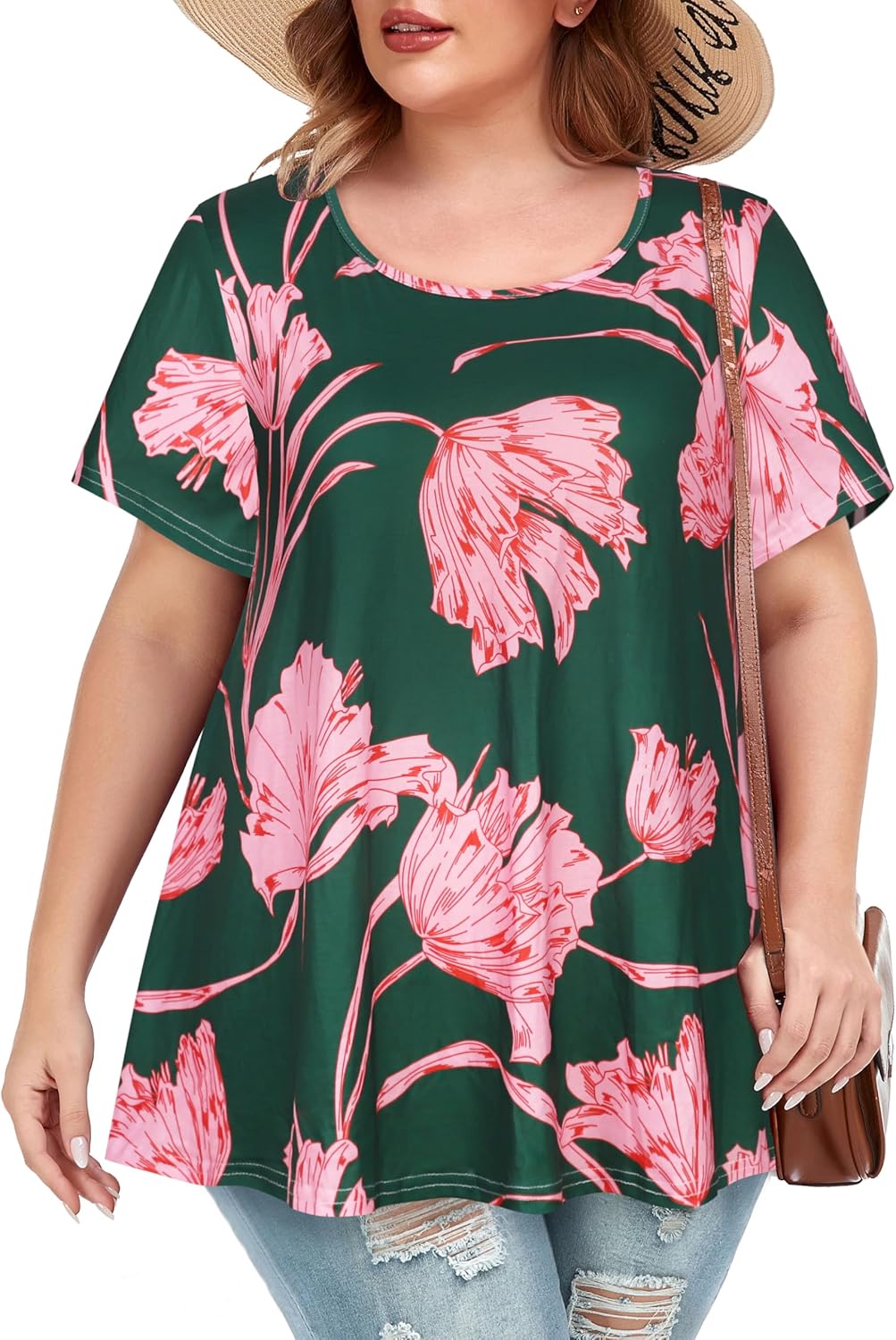 JOELLYUS Plus Size Tops for Women Tunic Floral Casual Short Sleeves T Shirts Flo...