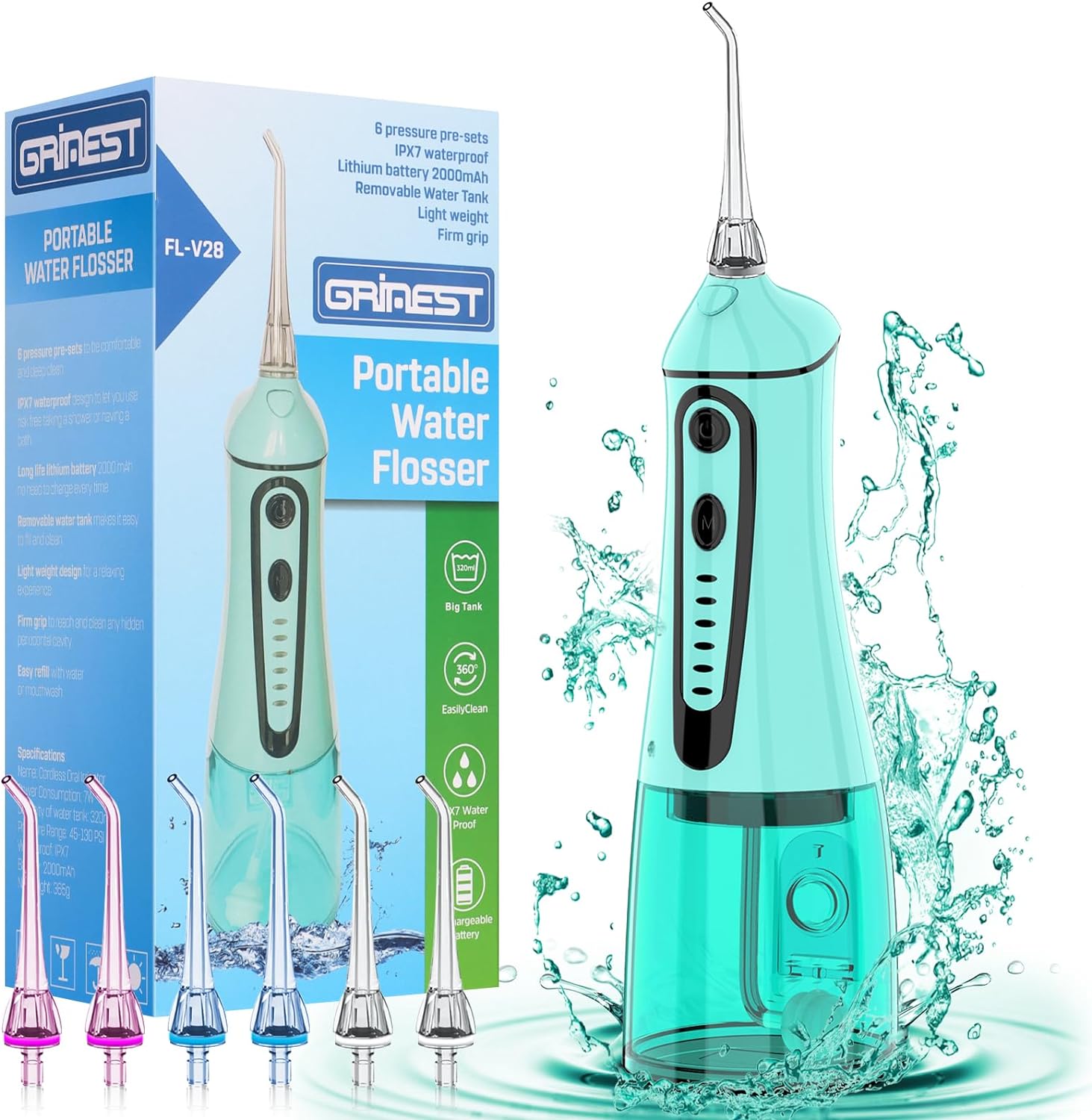 Water Dental Pik Flosser,Grinest 7 Modes Rechargeable Water Dental Picks for Tee...
