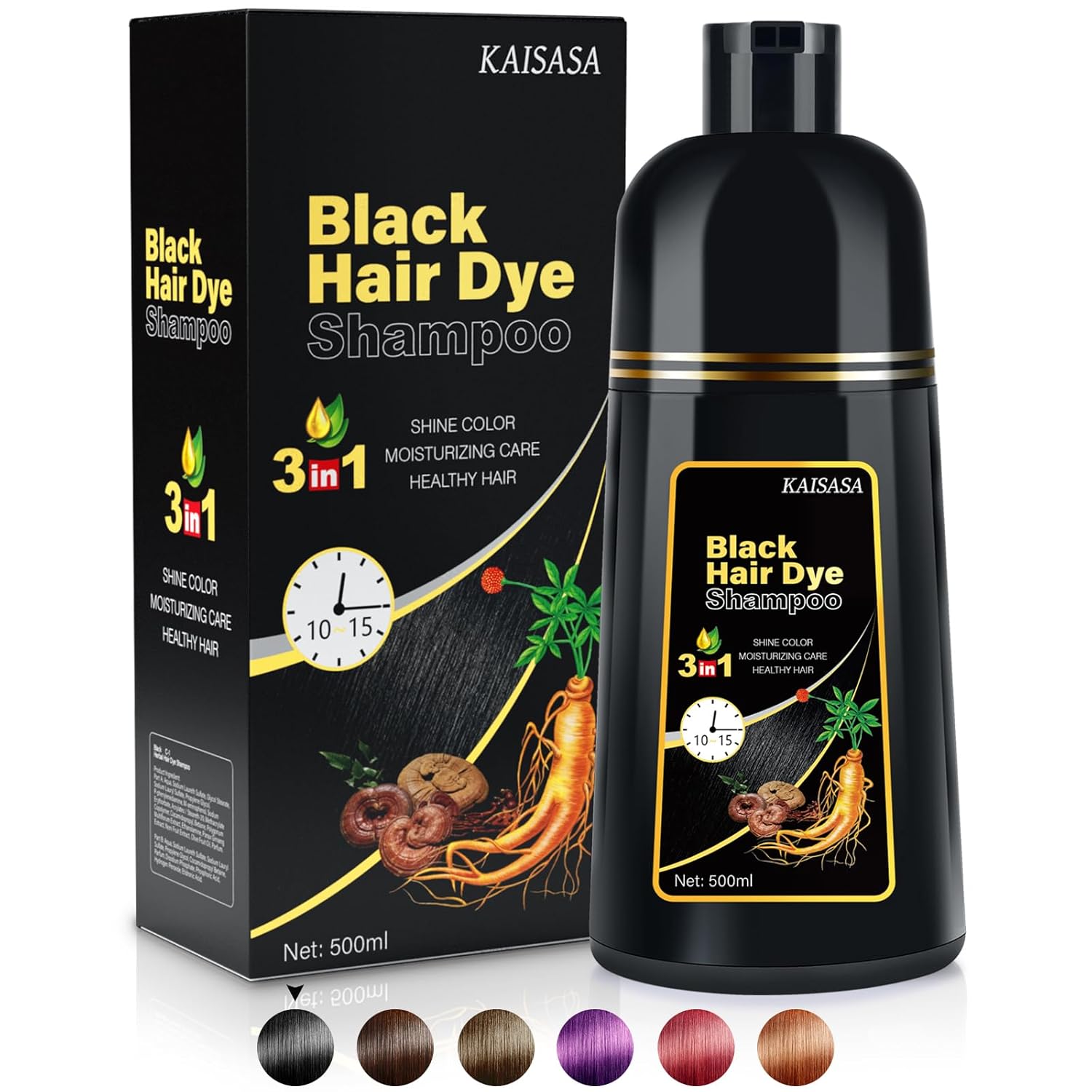 KAISASA Black Hair Dye Shampoo 3 in 1 champu para canas for Gray Hair Coverage H...