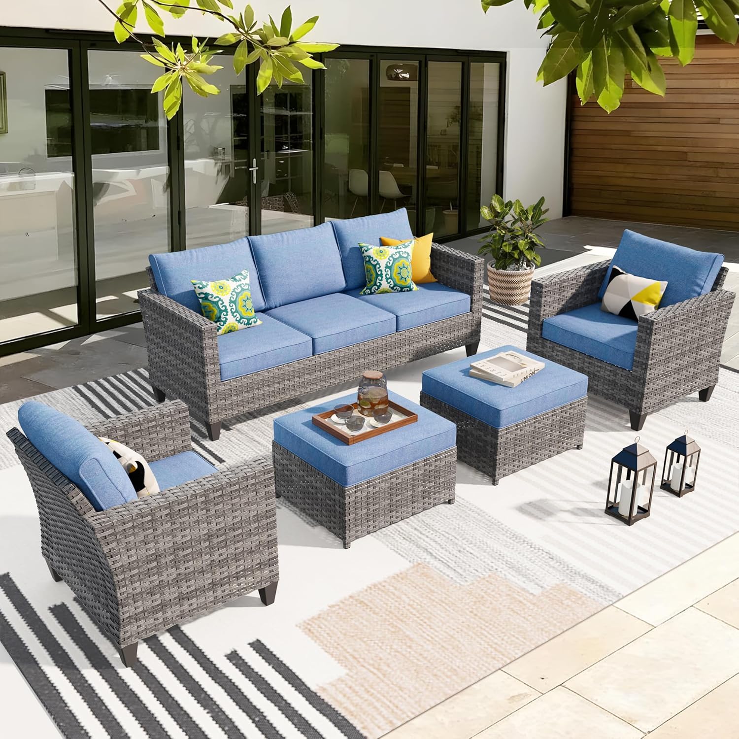 ovios Patio Furniture Set, 5 Pieces Outdoor Wicker Rattan Sofa Couch with Chairs...