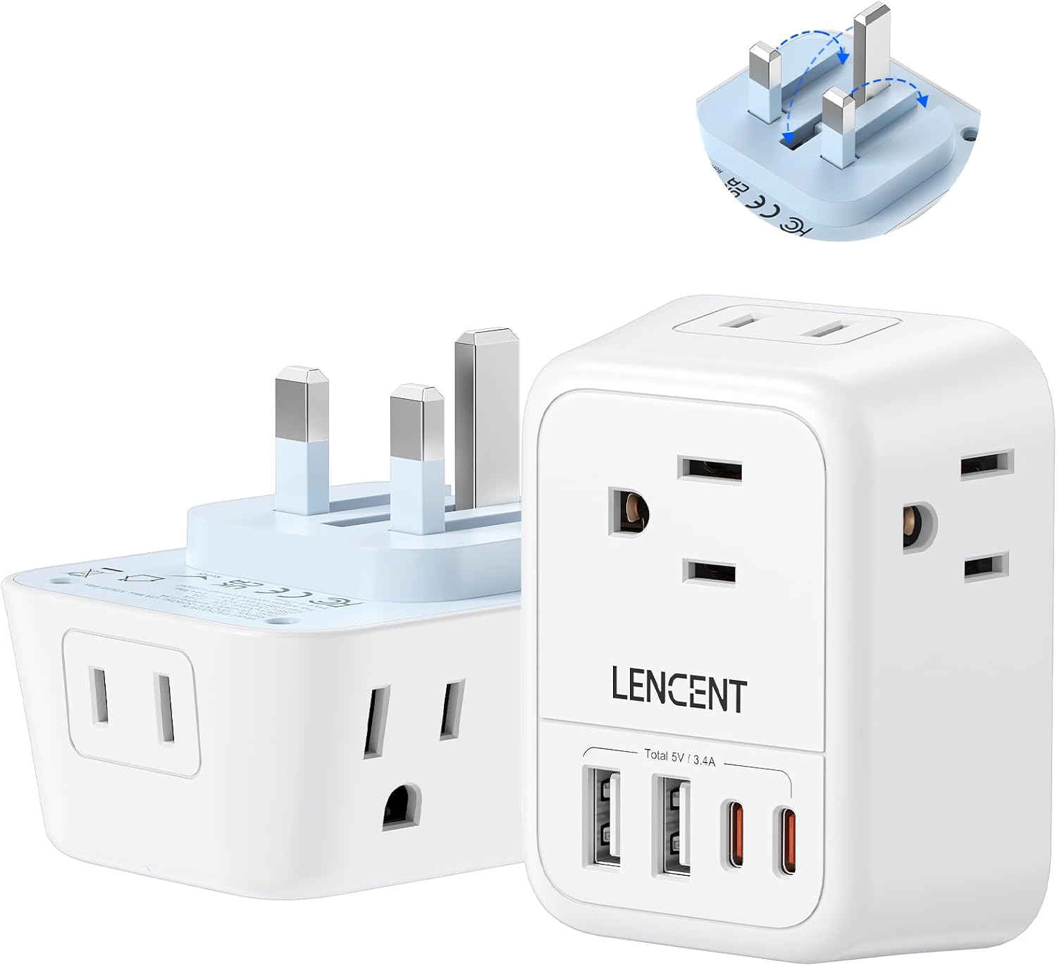 LENCENT Foldable Plug Adapter, Special Type G Travel Outlet Adapter with 4 USB C...