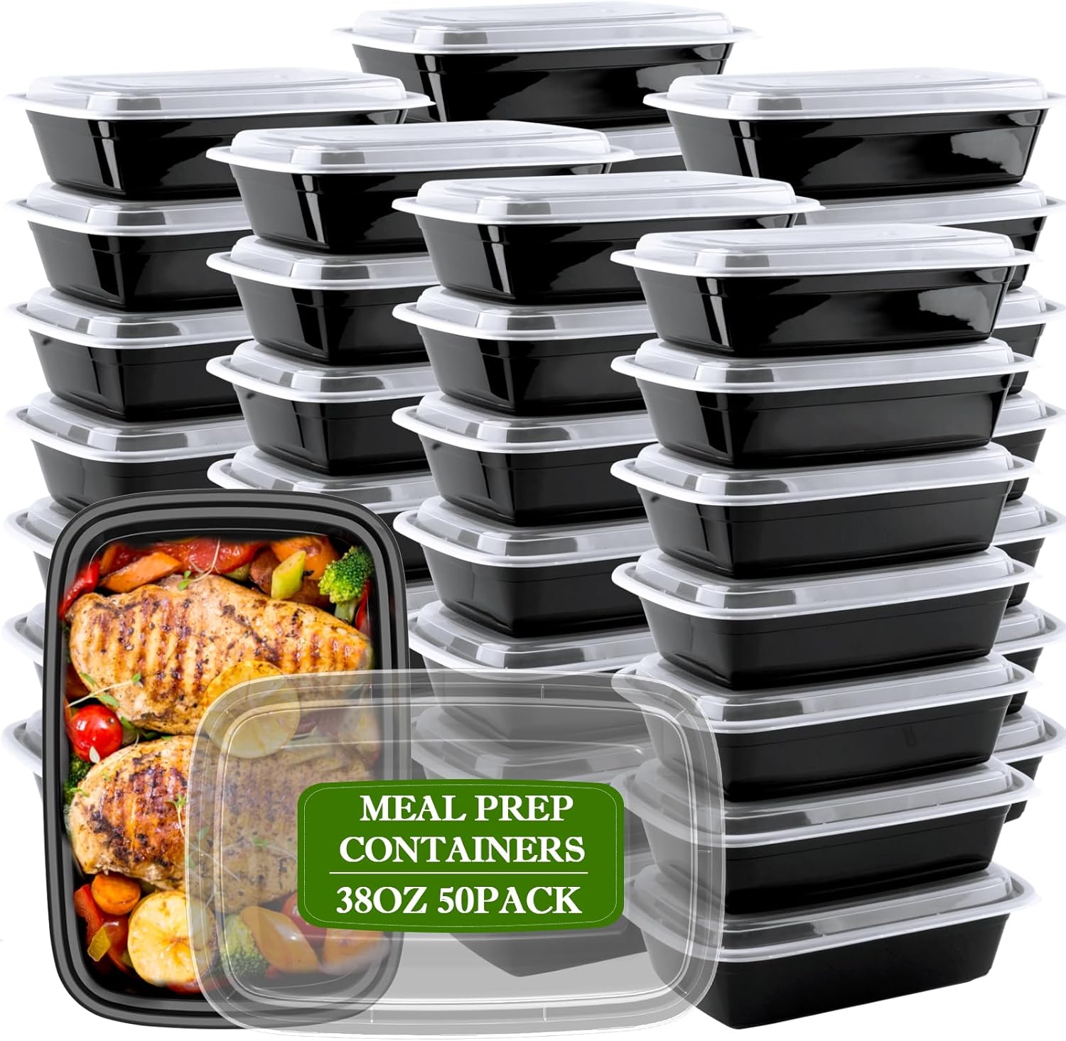 Meal Prep Containers Reusable 38oz - Plastic Food Containers with Lids 50 Pack,...