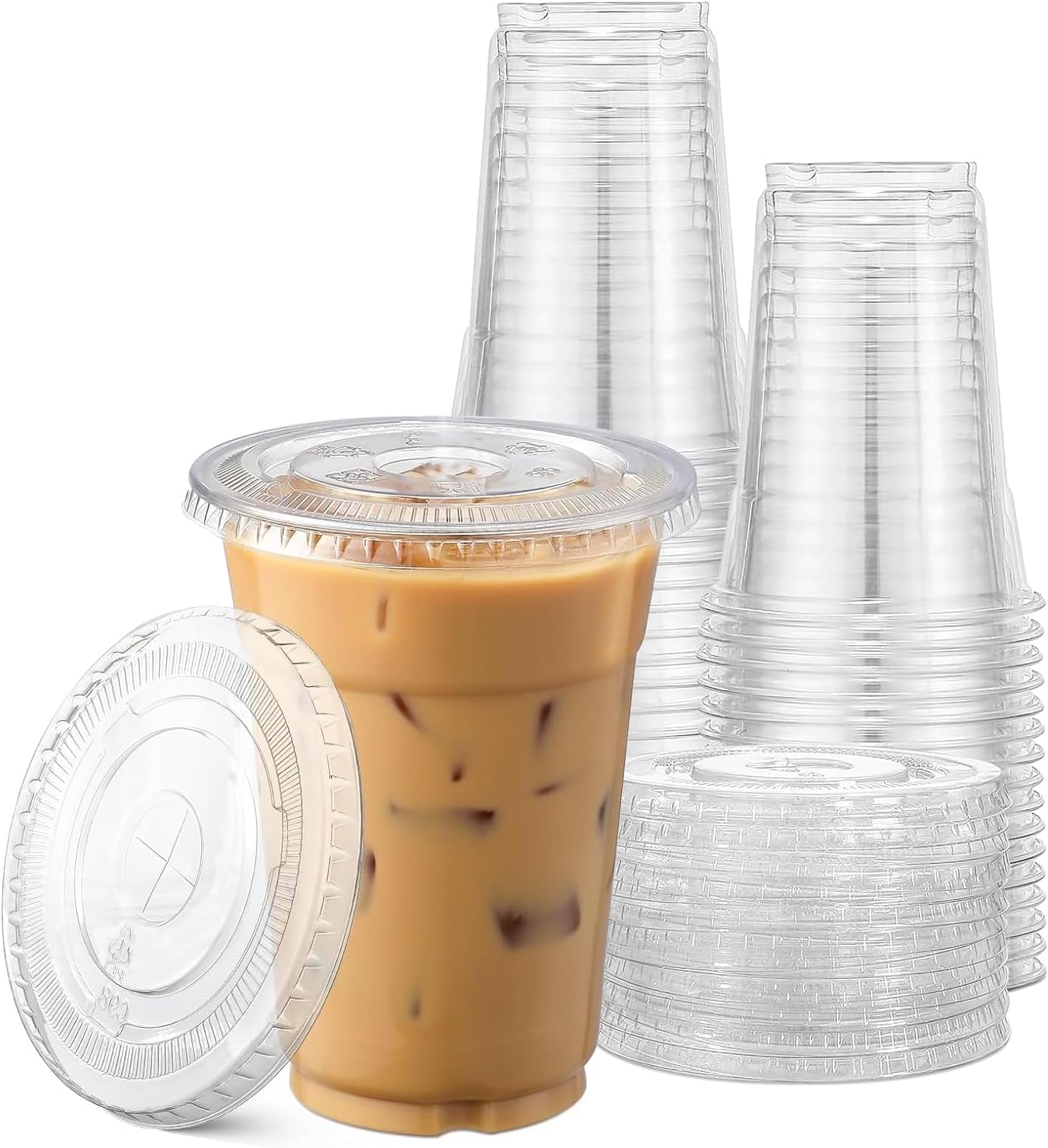 TashiBox Plastic Cups with Flat Lids 100 Sets 16 oz, Clear Crystal drink cups wi...