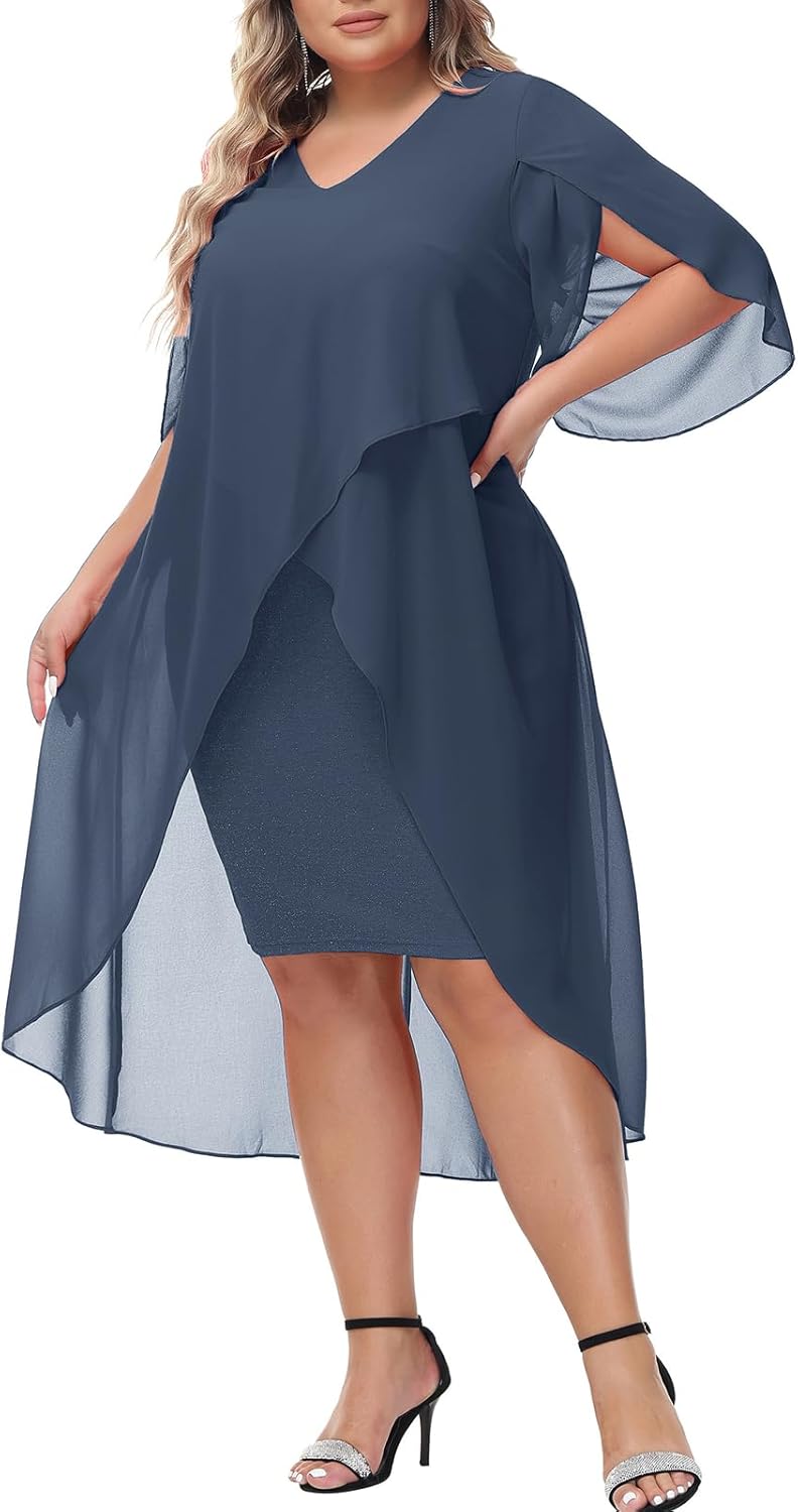 Hanna Nikole Womens Plus Size Chiffon Cocktail Dress, Special Ruffle 3/4 Sleeve...