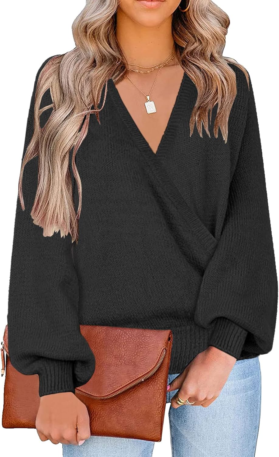 LookbookStore Women's Sweater, Special Knit Long Sleeve Faux Wrap Surplice V Nec...
