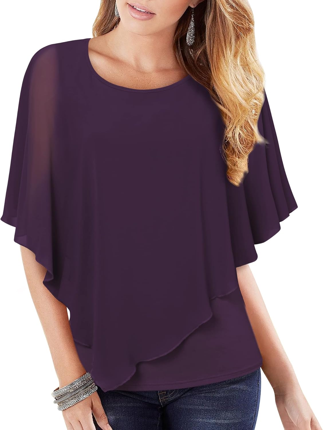 Lotusmile Women's Lightweight Flowy Shirt Double-Layered Printed Chiffon Poncho...