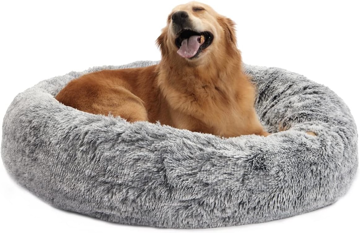 Bedfolks Calming Donut Dog Bed, 36 Inches Round Fluffy Dog Beds for Large Dogs,...