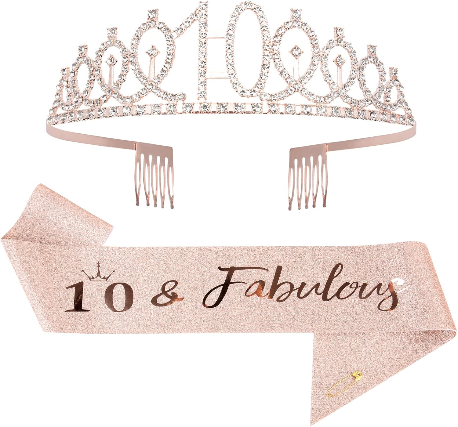 Mikccer Rose Gold 10th Birthday Sash and 10 Birthday Tiara, Rhinestone Crown Hea...