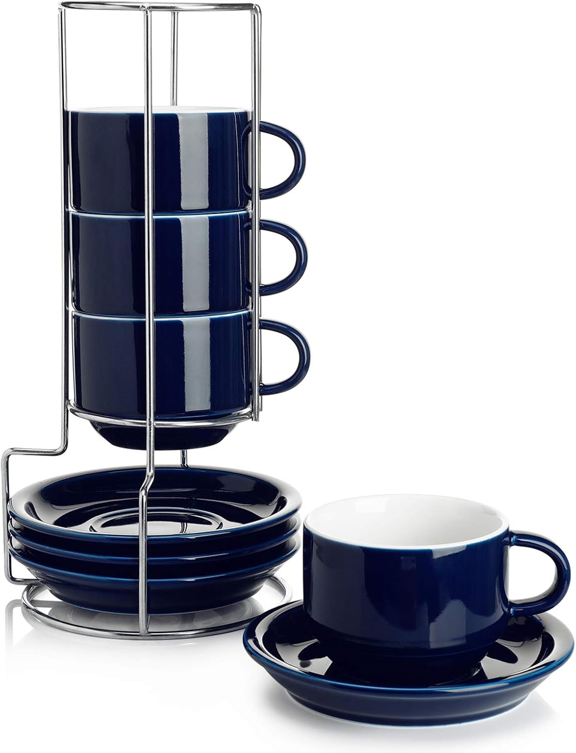 Sweese 8 Ounce Porcelain Stackable Cappuccino Cups with Saucers and Metal Stand...