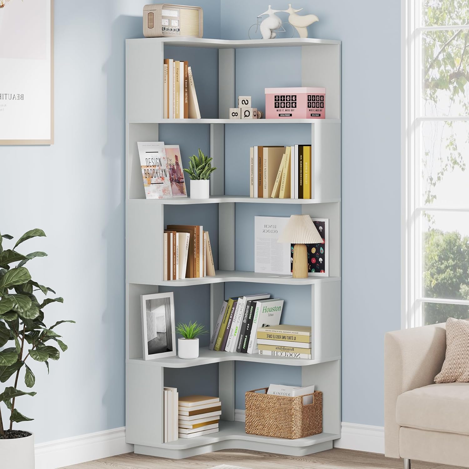 Tribesigns 6-Tier Corner Bookshelf, 64.96 Inch Tall Bookcase with Anti-Drop Pane...