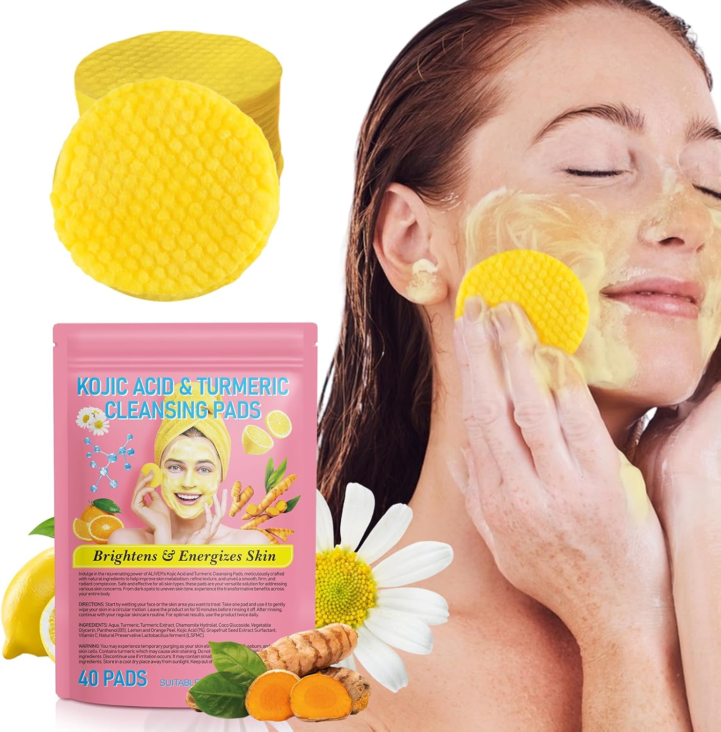 Kojic Acid and Turmeric Pads, Turmeric Kojic Acid Cleaning Pads, Turmeric Exfoli...