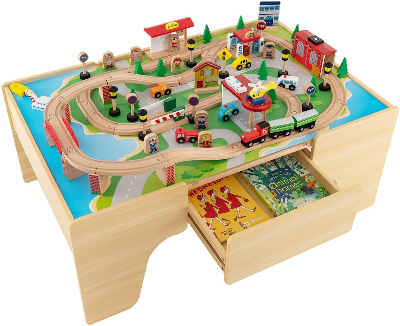 INFANS Train Table, 84 Pieces Wooden Kids Activity Toy Table Playset with Revers...