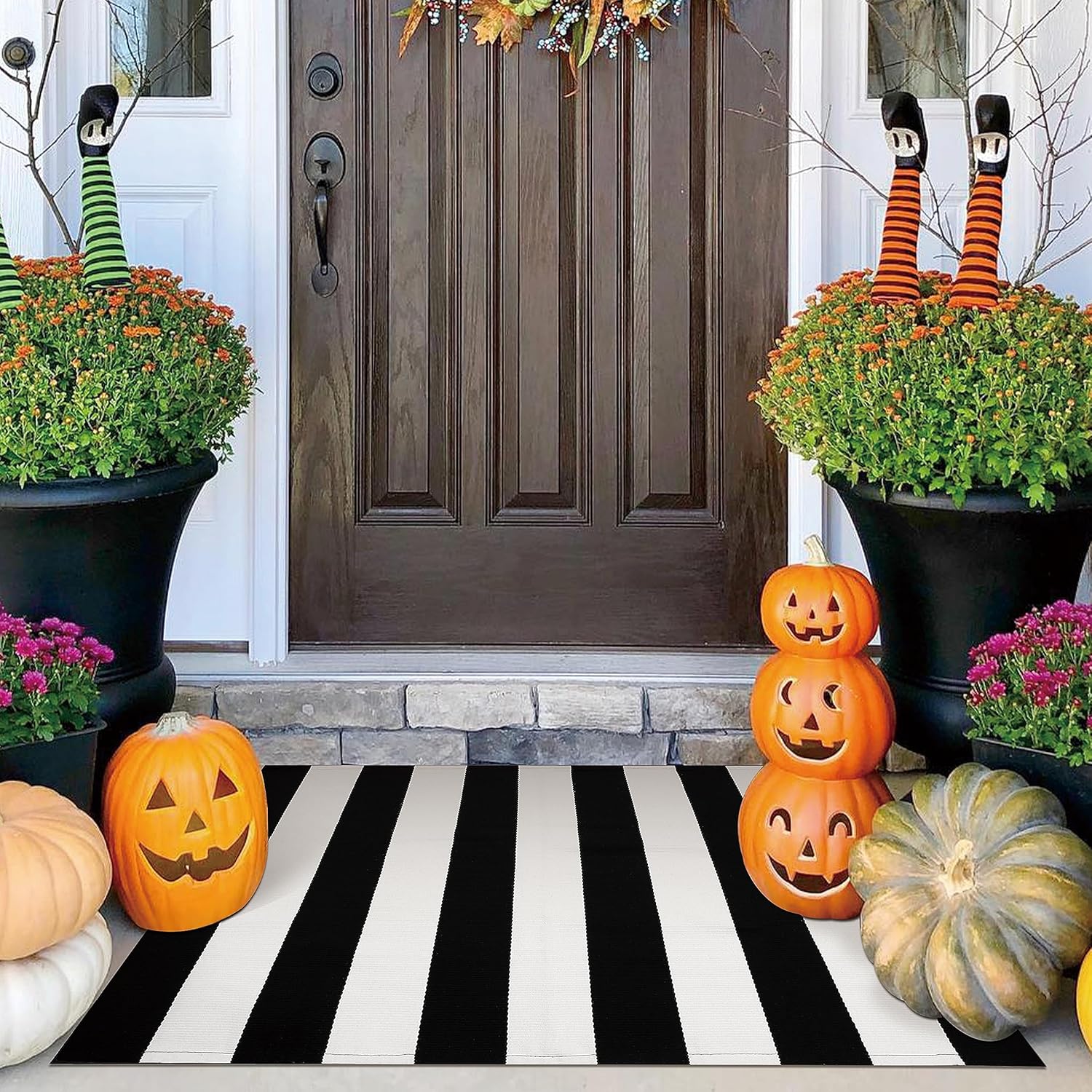 IOHOUZE Black White Striped Rug -27.5" X 43" Front Door Mats Outdoor,Washable Ru...