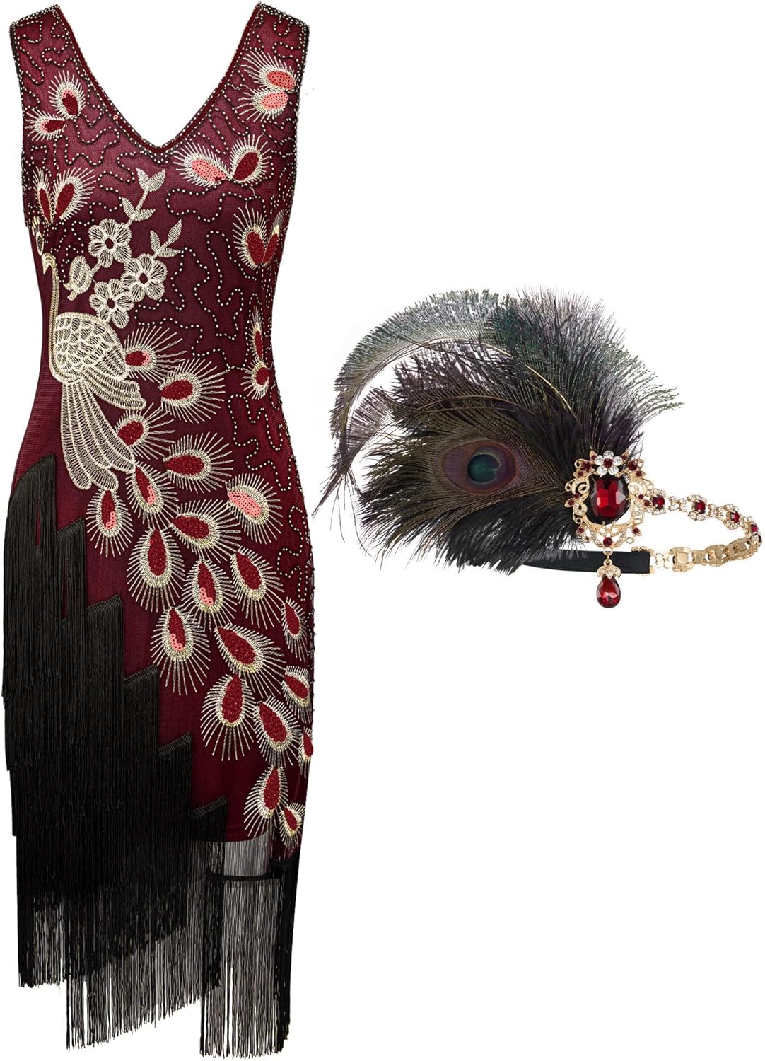 SWEETV 1920s Vintage Peacock Flapper Dresses Sequin Fringed Gatsby Dress with He...
