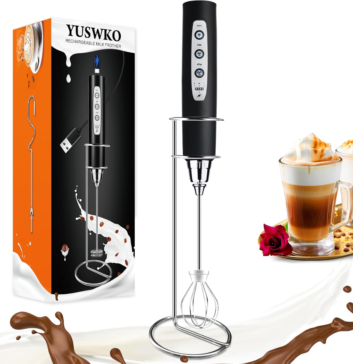 YUSWKO Black Handheld Milk Frother Wand with Stand for Coffee, Rechargeable Elec...