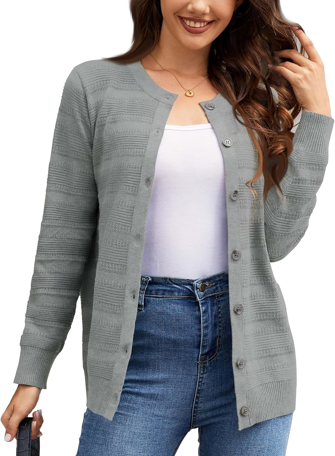 Women's Lightweight Crew Neck Cardigan, Special Button Down Long Sleeve Sweater,...