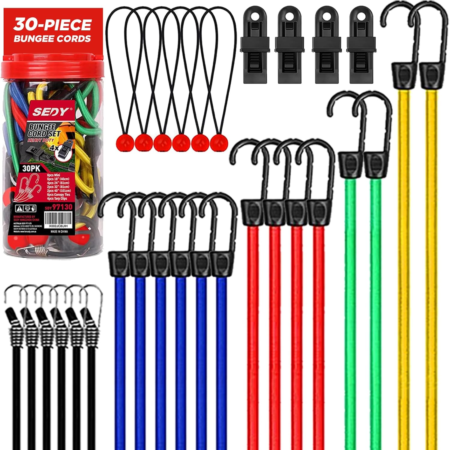 30-Piece Bungee Cords Assorted Sizes - 10" 18" 24" 32" 40" Bungee Cords with Hoo...